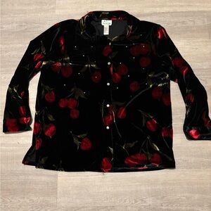 THE QUACKER FACTORY LONG SLEEVE BUTTON FRONT CHERRY PATTERN VELOUR SHIRT Size 1X